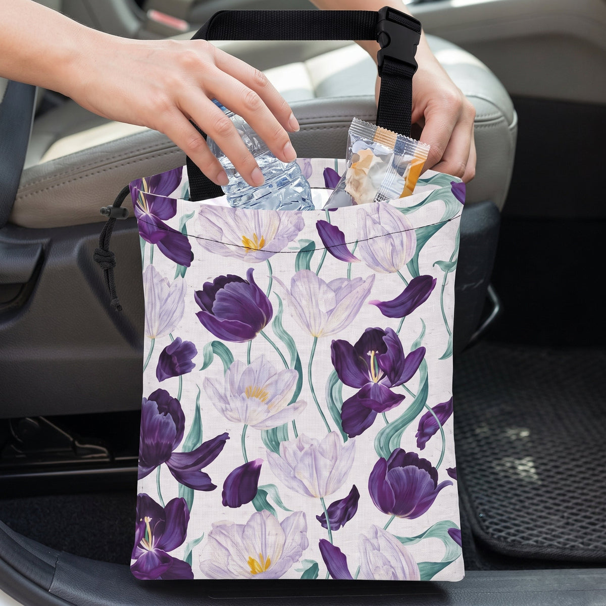 🚘 Hanging Car Trash Bag | Seat-Back Storage | Daily Commute & Family Trips | Floral Fabric Design