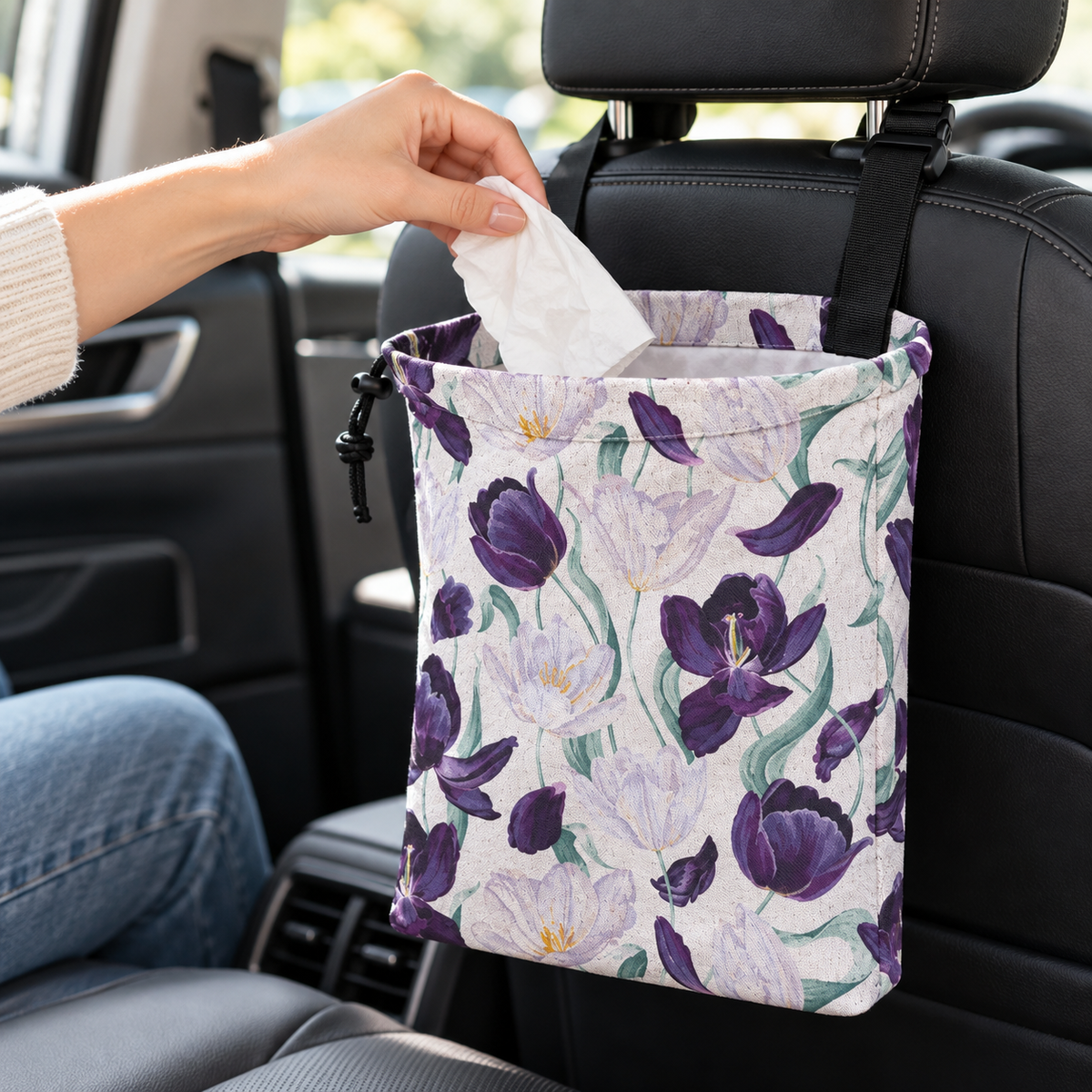 🚘 Hanging Car Trash Bag | Seat-Back Storage | Daily Commute & Family Trips | Floral Fabric Design