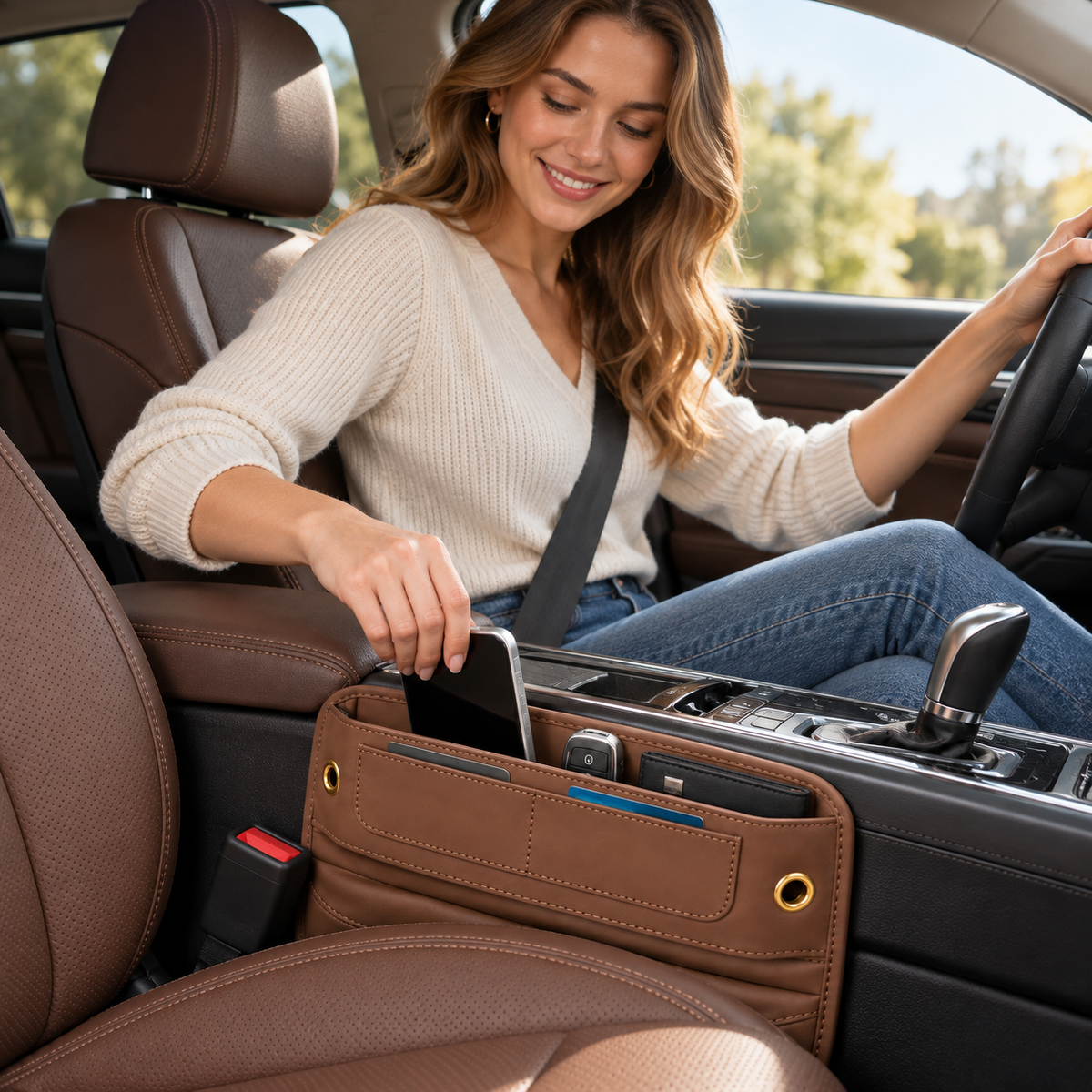 🚗Car Seat Gap Organizer | Easy-Access Phone & Card Storage | Front-Seat Clutter Control | Leather-Look Design